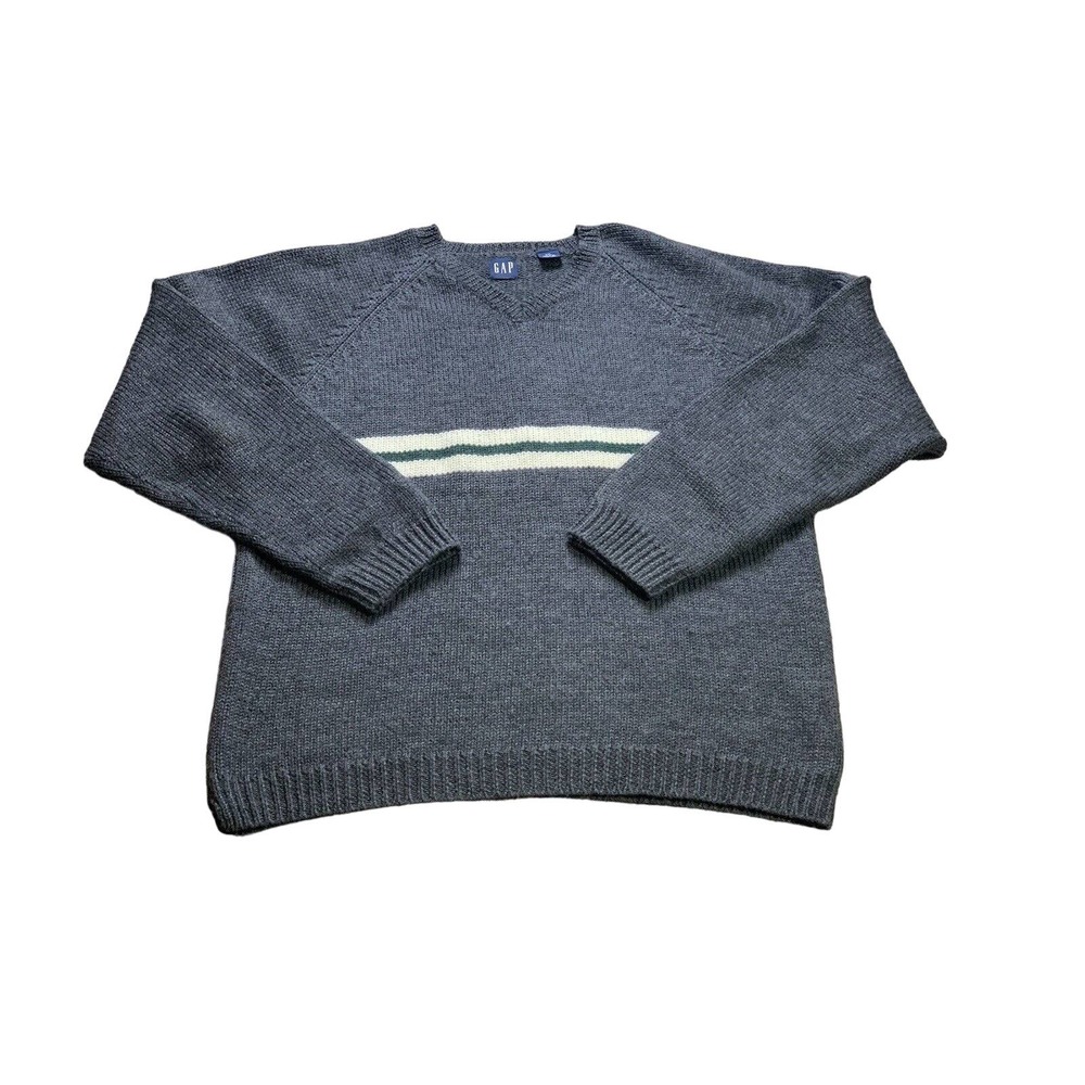 GAP Sweater XXL 2XL Gray Mens Striped Casual Wool V Neck Outdoors Long Sleeve